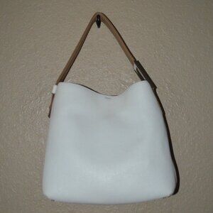 $1295 Perrin White Leather Tan Trim Bucket Shoulder Handbag
